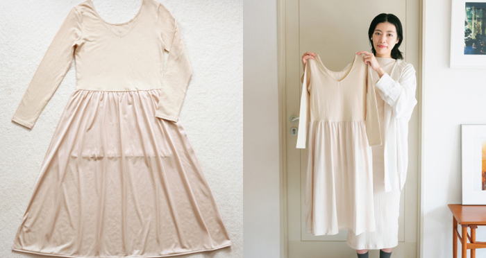 スタッフがワンピースタイプのインナーを試して紹介する、ファッションコンテンツのイメージ