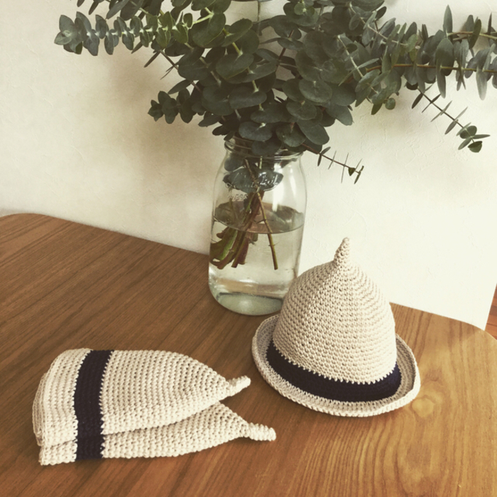 どんぐり帽子 コットン100%の麦わら帽子風 （How to crochet an acorn 