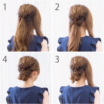 こちらは、ゴム3本ピン4本でできるくるりんぱ×三つ編みのヘアアレンジ。
特別な日のお呼ばれシーンにもぴったりです♪