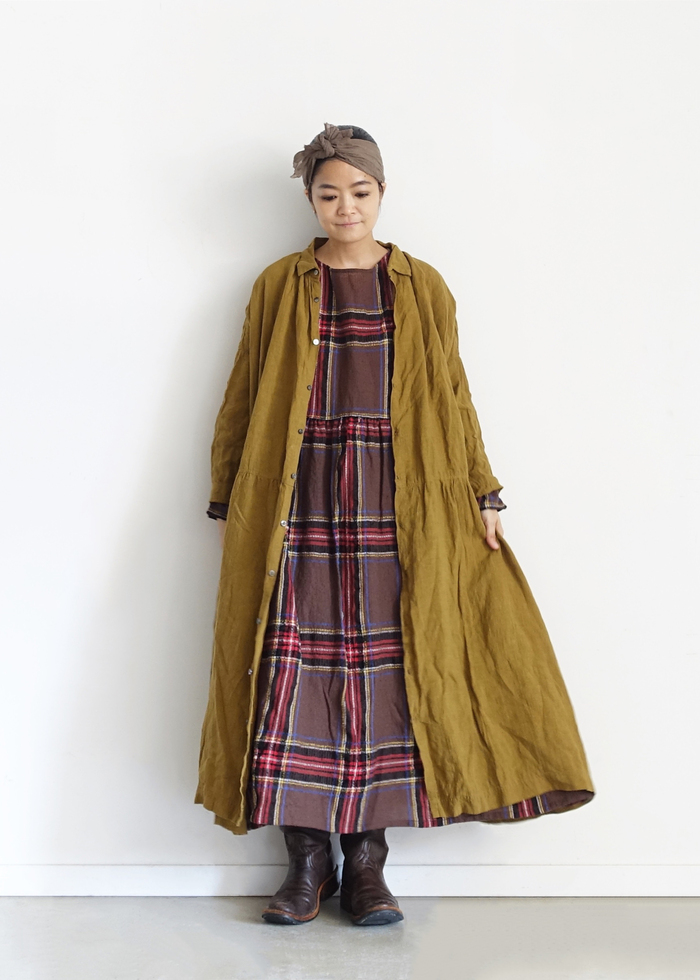 イチアンティークス 墨×柿渋 手染めリネン ロングシャツワンピース