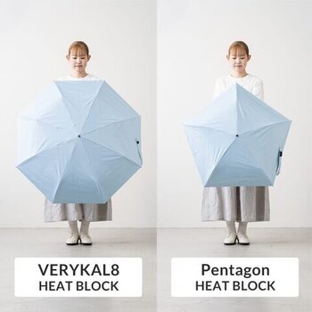 前述の「Pentagon HEAT BLOCK」よりひと回り大きいサイズの「VERYKAL8（ベリカルエイト） HEAT BLOCK」。直径103cmと大きめのサイズだから、男性にもおすすめ。日差しをしっかり防ぐことができ、雨のときも荷物や肩などが濡れにくく、安心感のある大きさです。ワンプッシュで開閉できて使いやすさも◎。

■重量 約266～319g ※色によって異なります。　■遮光率・UVカット率 100%、UPF50+