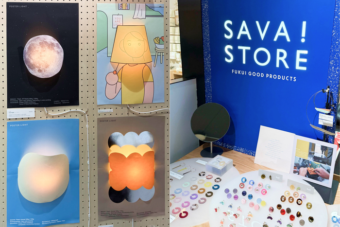 （左）今回購入した「moonlight（ムーンライト）」以外にも、ユニークなデザインが多数！お部屋に合わせて複数買いしても良さそう。
（右）メガネのフレーム素材を使った、福井県ならではのイヤーカフ。色も形もたくさんあって目移りしました。軽くて着脱が簡単なのもうれしいポイント◎