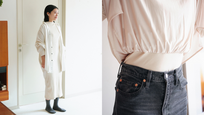 お気に入りのタイトなワンピースに合わせました。スリップのスカート部分がややフレアだったので、実際に着るまでは「裾がかさばるのでは?」と思っていましたが、写真を見ていただけるとわかる通りまったくひびかず、感動しました!また、あったか系機能性インナーは電車や室内で暑くなってしまうので苦手でしたが、じんわり、ゆっくり温めてくれる着心地が理想的でした。
(右)ウエスト部分が二重になっており、腹巻きのような構造!ボトムスにインすれば、冷えがちなお腹もあたたかいです。パーツごとにインナーを選ぶ必要がなくこれ一枚で完結するので、朝にバタバタせず済みそうでありがたいです。