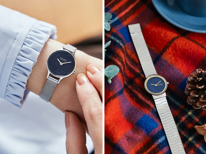 〈左〉小ぶりなデザインとさりげない輝きを添えるブルーのサンドストーンダイヤルが美しい「ANITA MICRO」(SKW3172) 〈右〉神秘的な夜の海にインスパイアされた「FREJA LILLE」(SKW3171)