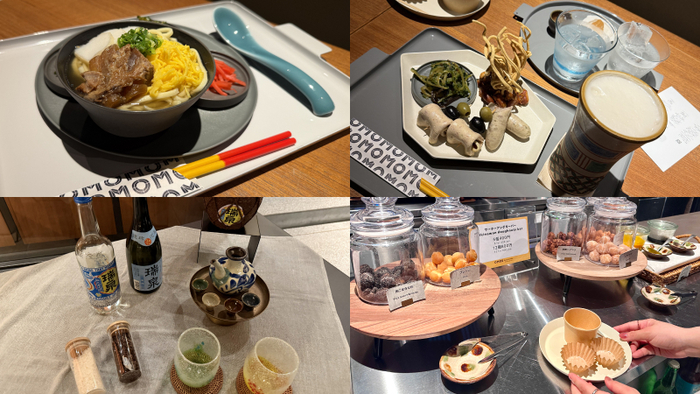 1階の「OMOカフェ＆バル」では19時以降はお酒の飲み比べやフードメニューの提供も。沖縄そばや泡盛、ゴーヤーの漬物など、沖縄らしいフード&ドリンクメニューが揃っています。ビール好きの編集部は、オリオンのクラフトビール「75BEER」（写真右上）の爽やかな味わいに感動！食後に「サーターアンダギー食べたい！」となり、5種類から選べるサーターアンダギーバー（写真右下）を満喫。一口サイズでぺろりといただきました。