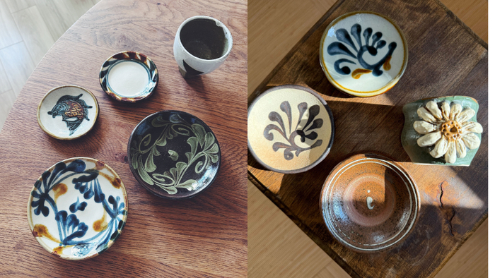 編集部二名にも素敵な出会いがあり、それぞれお気に入りを購入。一度にたくさんの卵を産むことから子孫繁栄を表す「魚紋」、表面を削って柄を描く「掻き落とし」、スポイトで装飾することで凹凸が生まれる「いっちん」。作家さんに“やちむん”の技法を教えてもらいながら器を選ぶ時間は、オンラインでは味わえない贅沢なひとときでした。