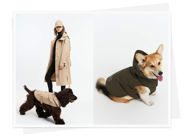 〈左〉トレンチ フォー ドッグ 24,200円、〈右〉レインパックウォーム フォー ドッグ 19,800円／ともにAIGLE