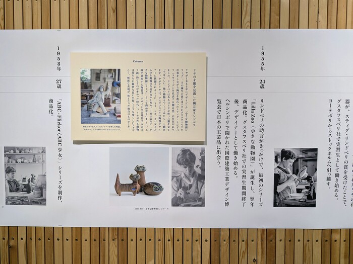 壁に大きく貼られた年表。若かりし日のリサ・ラーソンが制作に励む姿も確認することができます