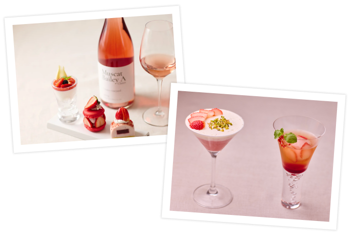 イベント開催中、ピーマン通りのキッチンカーには、山梨県産「マスカット・ベーリーA」のロゼワインと旬の苺を味わえるメニューが登場。苺のような華やかな香りが特徴のロゼワインは、甘酸っぱい苺のスイーツと合わせることで香りがいっそう引き立ちます。ロゼワインと苺を使ったカクテルやモクテルも揃い、一杯で春の恵みを存分に堪能できます。