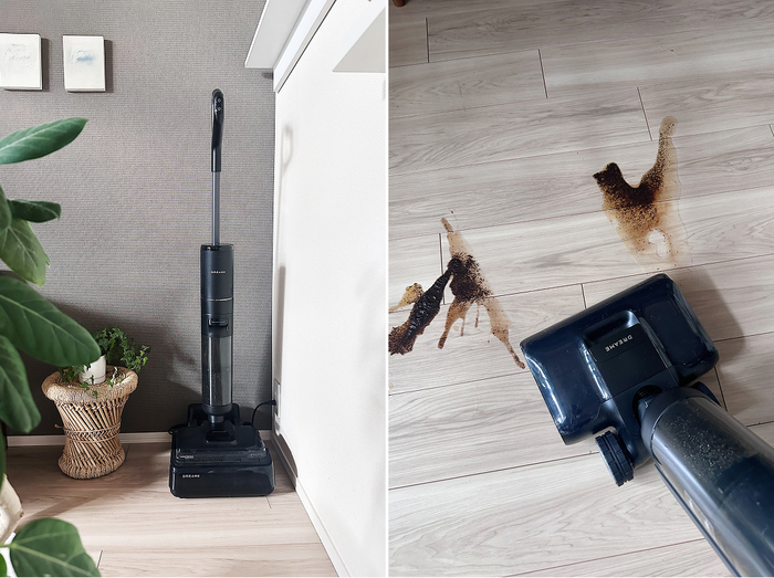 （左）スタイリッシュでお部屋になじむデザイン（右）汚れが広がらず、しっかり吸引してくれて感動しました