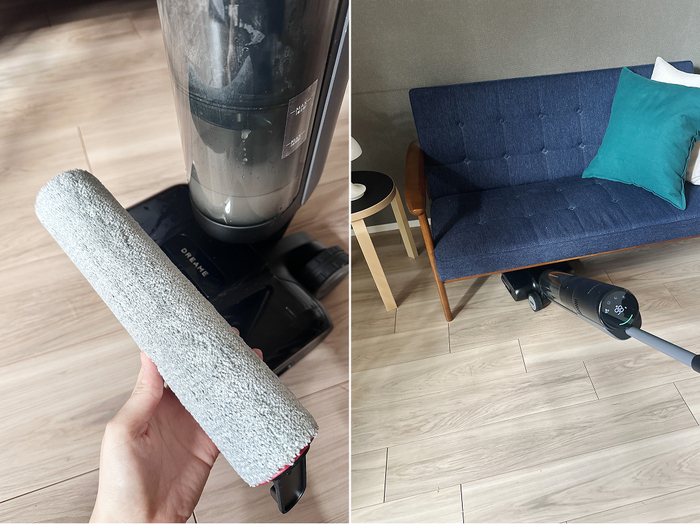 （左）濡れて汚れていたブラシが、セルフクリーニング後はふわふわに！（右）立ったままで、ソファの下の奥までヘッドが届きます
