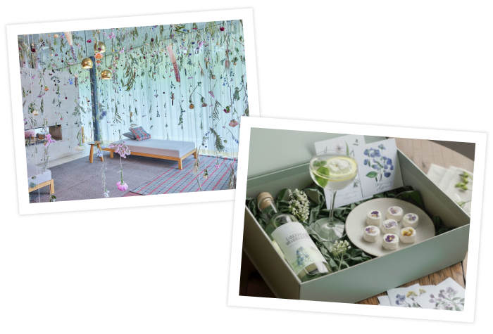 イベント期間中、レセプションにはバラやユーカリ、トウモロコシなどを組み合わせた装飾が登場し、花やハーブ、野菜に360度包まれるような空間を演出。今年初登場のフォトスポットでは、まるで花のシャワーを浴びているような幻想的な空間を楽しめます。夜は客室に届く「ナイトフラワーボックス」で、エルダーフラワーシロップのモクテルやエディブルフラワーのおつまみでロマンティックなひとときを。