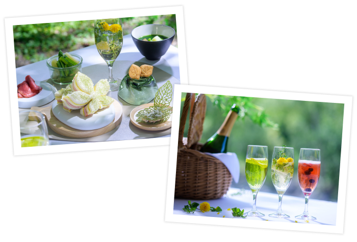 「芽吹きピクニックランチ」では、新緑の爽やかさを感じられる、軽やかな風味と色彩にこだわったサンドイッチやスナック、クッキーを楽しめます。さらに、芽吹きの繊細な色彩の移ろいを表現した3種類のシャンパーニュカクテルも。フローラルな香りのシャンパーニュにコンディメントを加えることで、視覚と味覚の両方から芽吹きの季節をたっぷり感じられます。