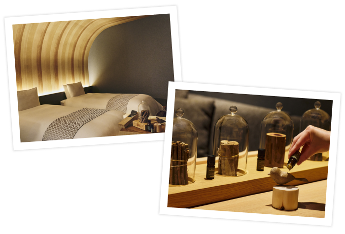 就寝前は、飛騨の木工文化が息づくご当地部屋「飛騨MOKUの間」で、温もりある飛騨家具に囲まれてリラックス。飛騨産業が手掛けた4種のエッセンシャルオイルの香りを聞き比べ、お気に入りの香りをディフューザーに垂らして、心地よい眠りの空間を整えられます。木の香りに包まれて、ぐっすり眠れそうです。