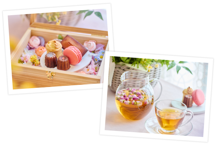 北海道の春をイメージした花で装飾したスイーツボックスには、「小樽カヌレ蔵」の苺のオリジナルカヌレやマカロンが並びます。プログラム限定のオリジナルフラワーティーは、お湯を注ぐとハマナスの花が浮かび、目で見ても楽しめる一杯。ここでしか味わえない、特別なスイーツとフラワーティーのマリアージュです。