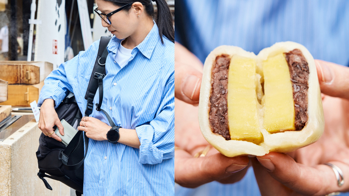 食べ歩き中に手間なのが、財布の出し入れ。このバックパックには背面に小ぶりなポケットがあるので、背負ったまま財布をさっと取り出せます。スマートにお会計を済ませて、次のお店へ。