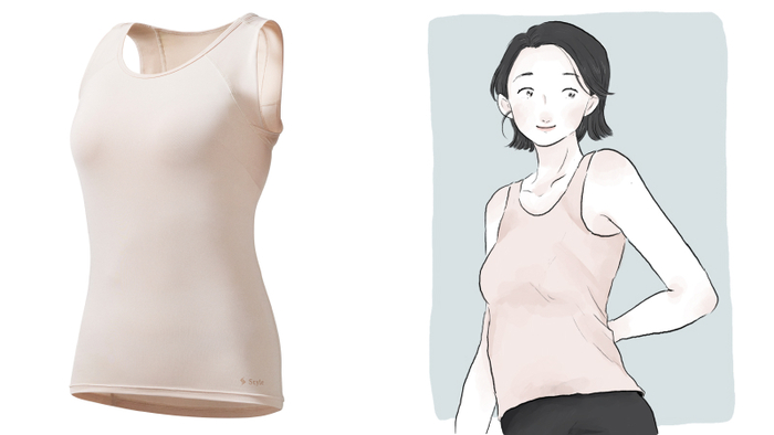 立ち仕事が多い猫背さんにおすすめしたいのは、「Style BX Innerwear タンクトップ（カップ付き）」。背中のパワーネットの二層構造が肩甲骨を内側へ引き寄せ、前に出ようとする肩を抑えて自然と胸を開いた姿勢へ導きます。成型カップ付きで一枚で着られるから、無理なく姿勢ケアを習慣化できますよ。