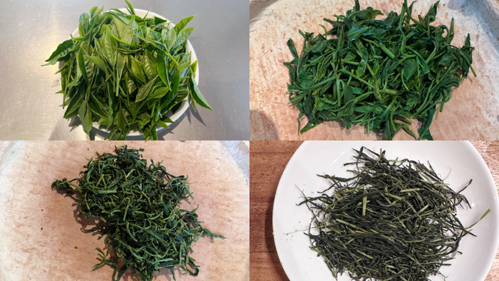 焙炉という作業台の上で、熟練の茶師の手技のみで4時間もの時間をかけて作られる『手揉み茶』。写真左上の若々しくみずみずしい新茶が、右下の乾燥した深い色の茶葉へと姿を変えるまでの工程に、気の遠くなるような職人の技と情熱が注がれているのを感じました