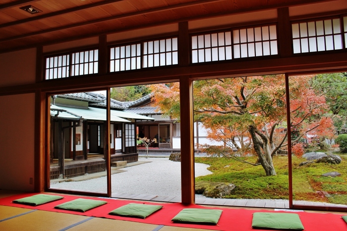 室内の座敷から見る庭園は、一幅の絵画のよう。静寂を感じる凛とした情景ですね。