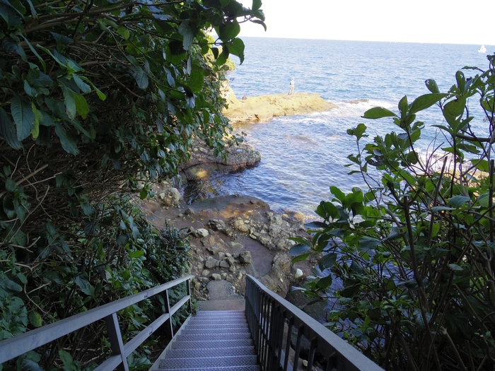 トンネルを抜けると海岸沿いに出ます。階段を下りると岩場まで行くことができます。岩場は自然のままの状態なので、釣りを楽しむ方も。滑りやすいので、足元はサンダルではなくスニーカーがおすすめです。