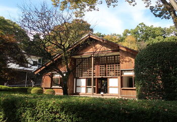 しかし一見和風のこの家には、モダニズムの旗手前川國男らしいモダニズムの精神があふれています。
外壁は切り妻の大屋根に縦板張りと伝統的な仕様ですが、幾何学的な格子窓や灯り障子などの要素が大胆に大きく配置され、まさにモダニズムの造形となっています。物資の無い中で、限られた建築資材と建坪100㎡以下という制限の中で建てられたので、家の中心となる正面の円柱は電信柱を使用したのだとか。