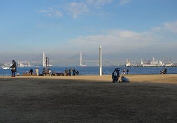 ゆるやかな海岸線の続く公園の海沿い。きらきら輝く海の向こうに、新港埠頭や山下埠頭、マリンタワーなど横浜ならではの景色が見渡せます。