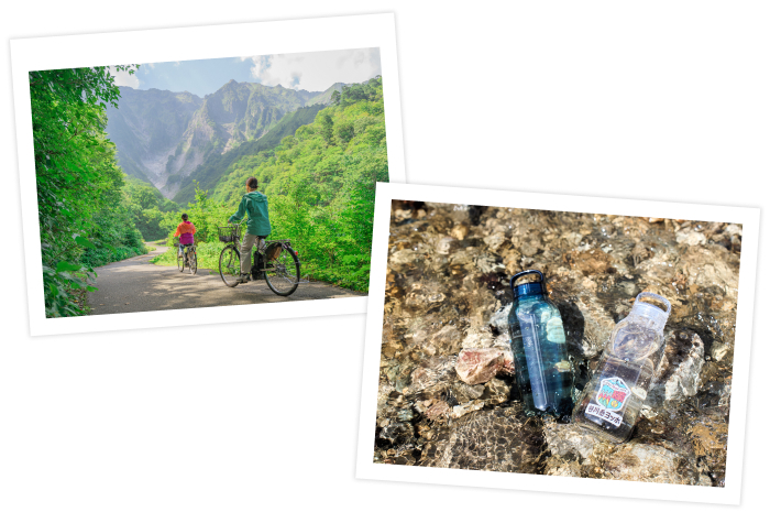 目的地までは電動アシスト付きの自転車で、ブナの木漏れ日を感じるサイクリング。道の途中には「風穴」という、地下の岩の隙間で冷やされた空気が吹き出している場所が点在していて、移動中も天然の冷気に触れられます。谷川岳の天然水と梅を使用したオリジナルドリンクの提供も。都会の暑さから離れ、涼しいアクティビティを体験してみて。