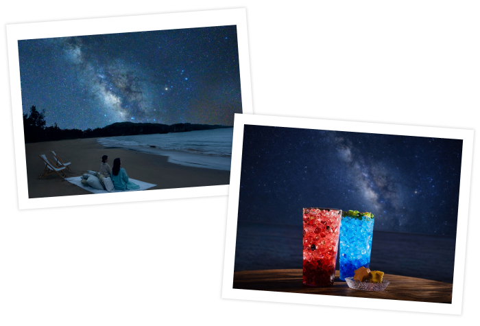 ホテル目の前の月ヶ浜では、プラネタリウムを超える星空の絶景を楽しめます。ビーチマットやクッションが設えられ、寝転びながら波の音とともに星空をゆったりと仰ぎ見ることができます。お供には、夜の海と星々の溶け合いを映したブルーと、瞬く星屑を思わせるルビーレッドの2種のオリジナルドリンクを。グラスを片手に星空へ浸る時間は、心身を静かに解きほぐす特別なひとときです。